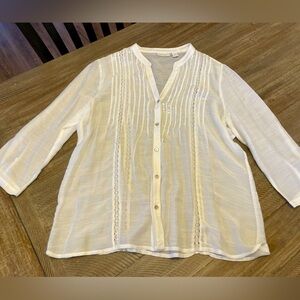 White Embroidered Sequin Pintuck peasant top shirt  Chico’s Size 2 L sheer 12